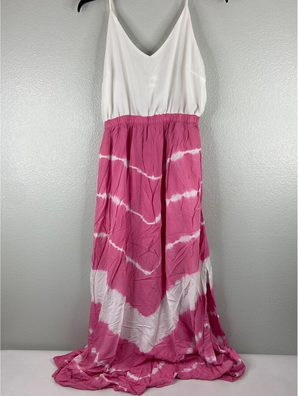 Mainstrip Women Large Full Length Summer Dress Pink White Spaghetti Strap NWT